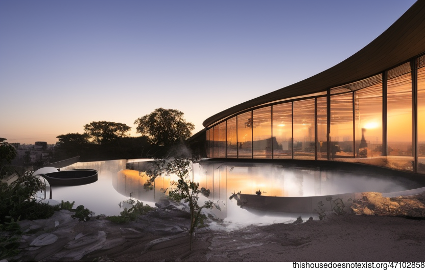 A Modern Architecture Home with Exposed Curved Glass and Steaming Hot ...